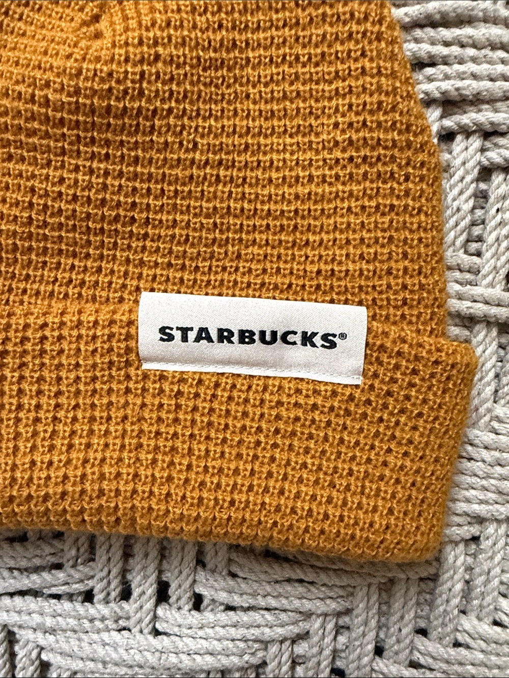 Starbucks Knit Beanie Hat Mustard Yellow Cuffed Logo Patch One Size - Picture 2 of 5